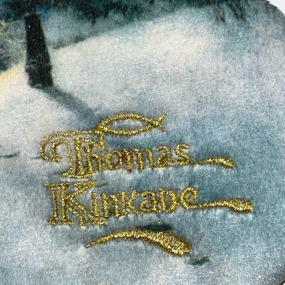 THOMAS KINKADE Silent Night Christmas Stocking Gold Embroidery 15" Satin Lining - Picture 12 of 13